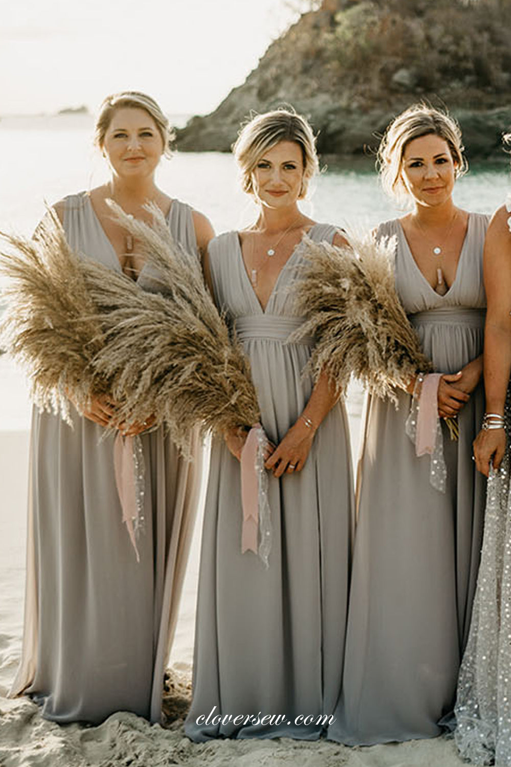 Ligh Grey High Waist V-neck A-line Long Bridesmaid Dresses, CB0285