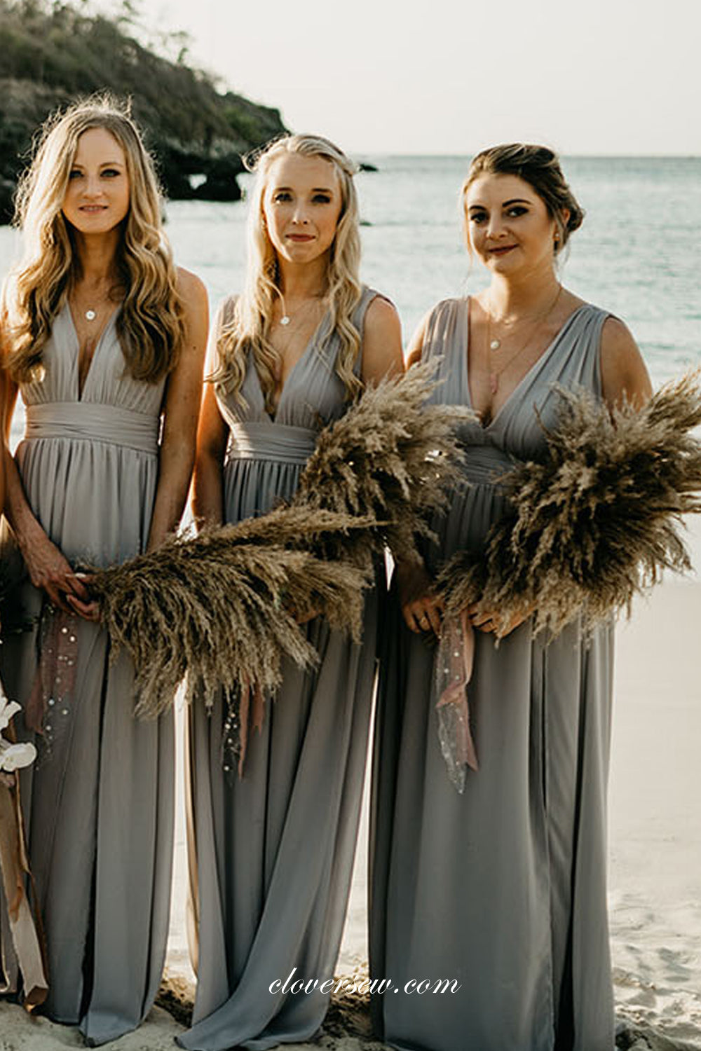 Ligh Grey High Waist V-neck A-line Long Bridesmaid Dresses, CB0285