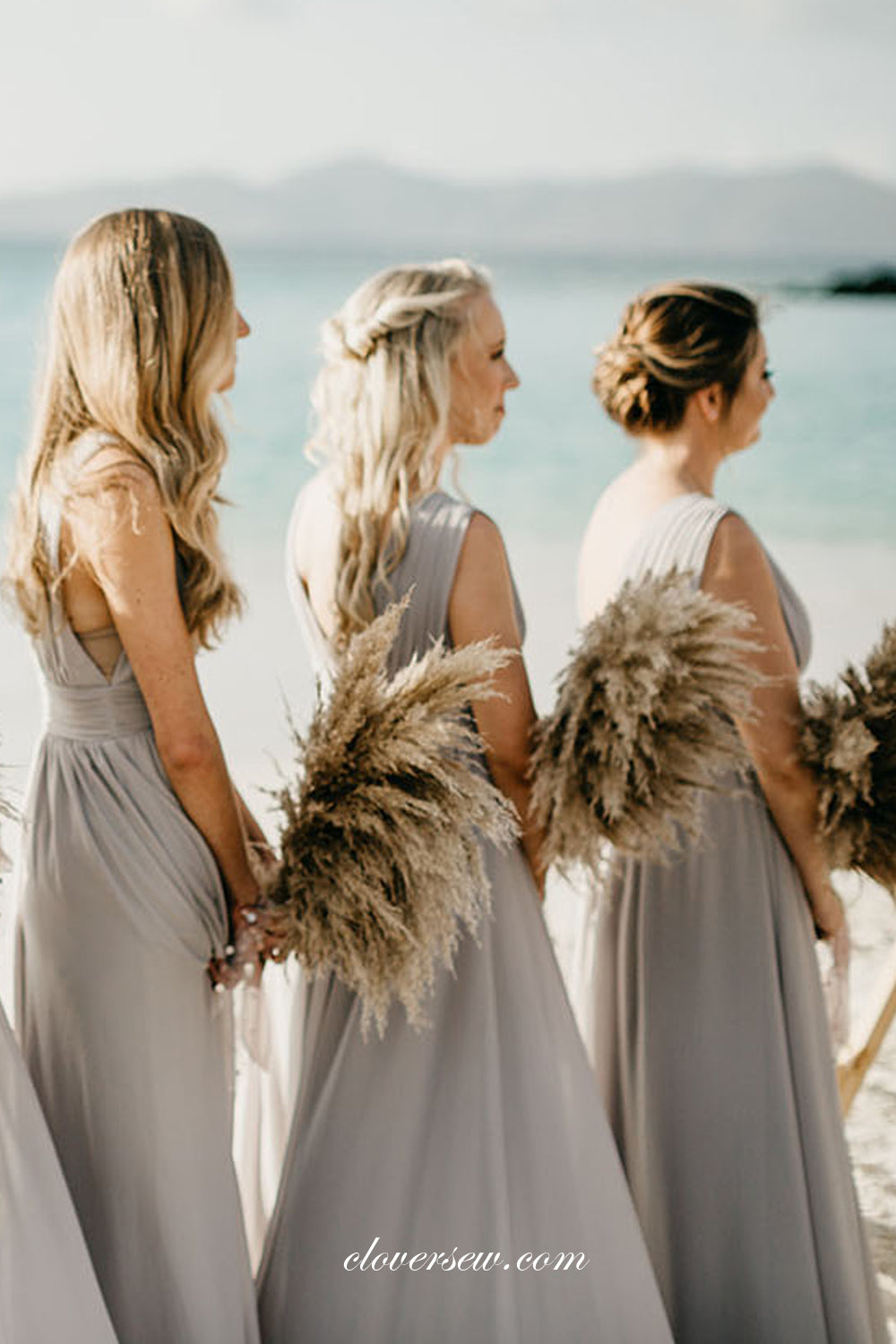 Ligh Grey High Waist V-neck A-line Long Bridesmaid Dresses, CB0285