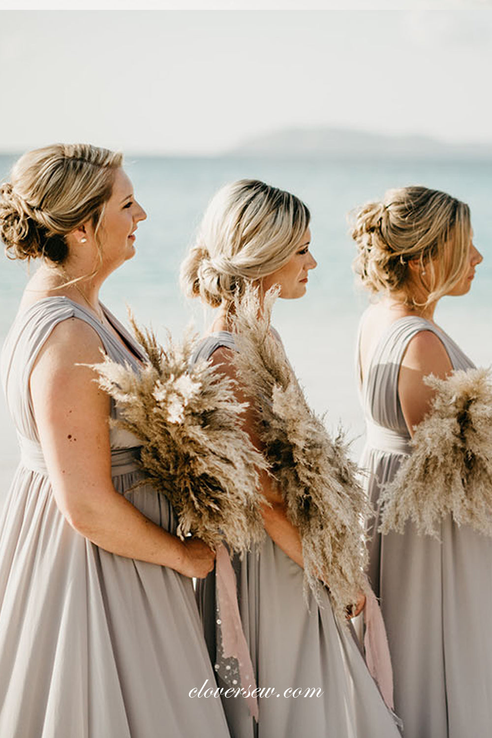 Ligh Grey High Waist V-neck A-line Long Bridesmaid Dresses, CB0285