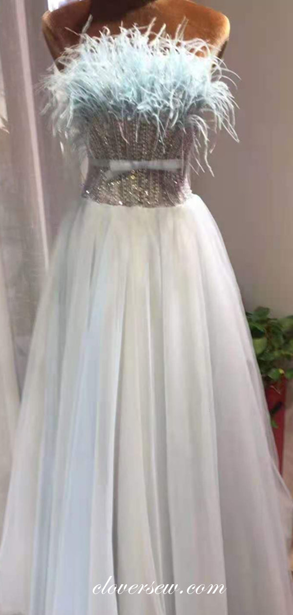 Light Blue Bead With Feather Strapless A-line Fashion Prom Dresses, CP0659