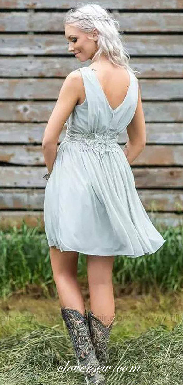 Light Blue Chiffon V-neck Applique Short Bridesmaid Dresses,CB0142
