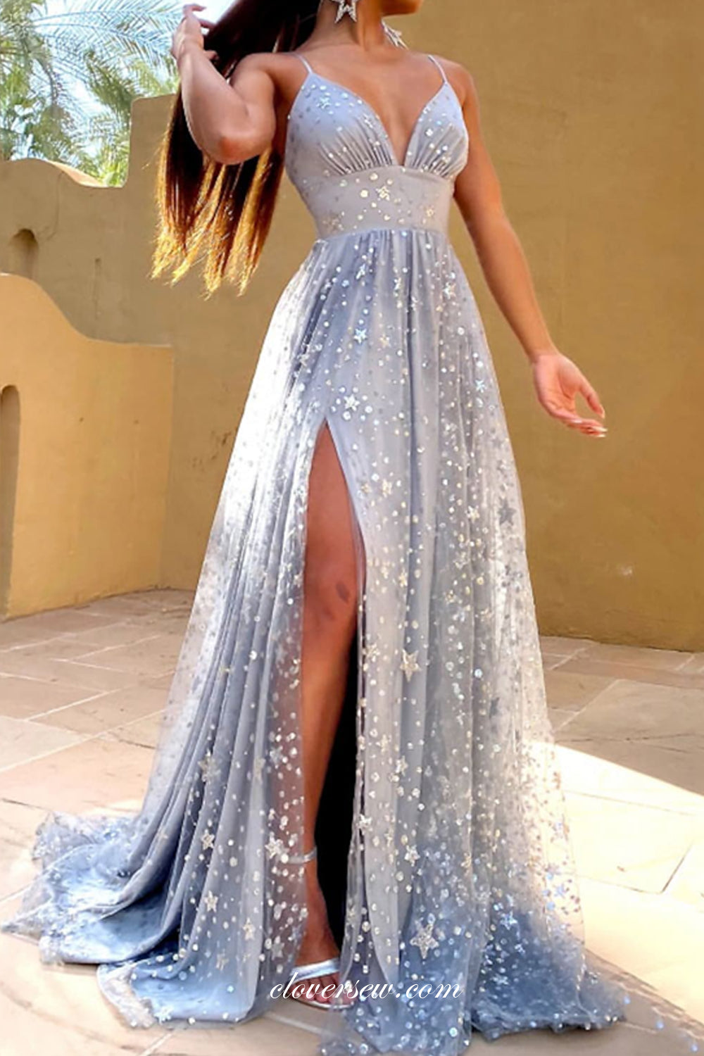 Light Blue Star Sequined Tulle A-line With High Slit Prom Dresses, CP0776