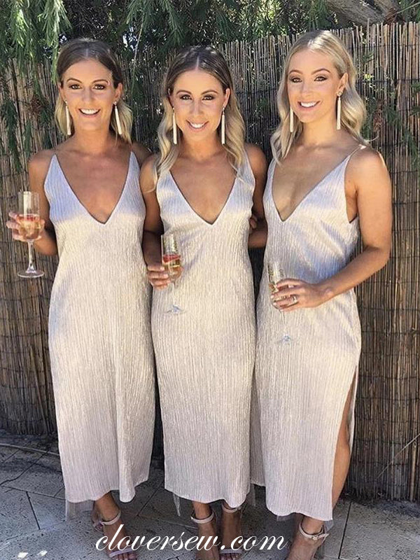 Light Grey Pleating Chiffon V-neck With Slit Bridesmaid Dresses,CB0147 clover sew Light Grey Pleating Chiffon V-neck With Slit Bridesmaid Dresses,CB0147 clover sew