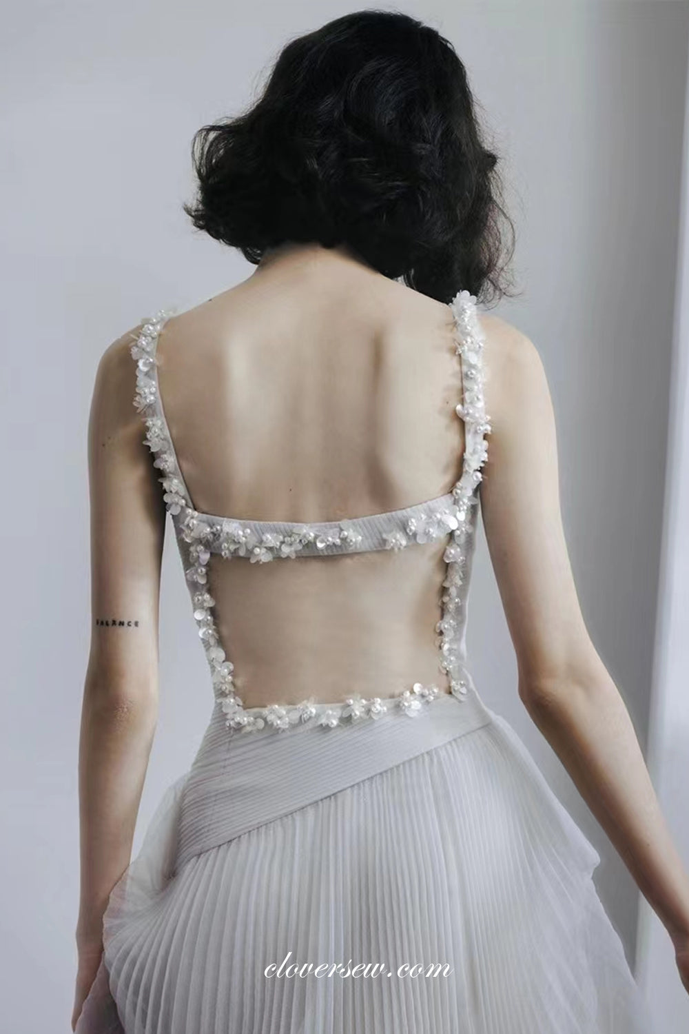 Light Grey Pleating Tulle Applique Open Back Vintage Wedding Dresses, CW0319