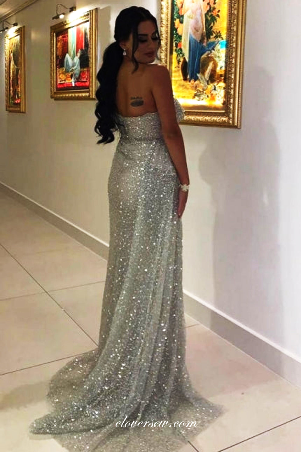 Light Grey Sequined Tulle Pleating Strapless Sheath With Slit Sparking Prom Dresses, CP0998