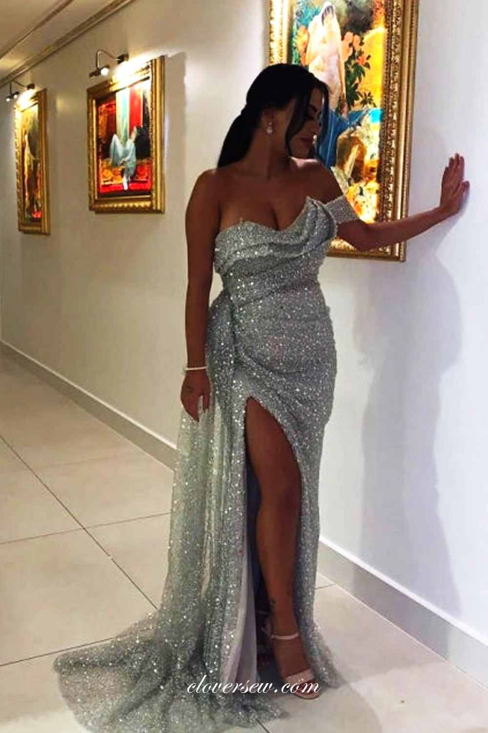 Light Grey Sequined Tulle Pleating Strapless Sheath With Slit Sparking Prom Dresses, CP0998