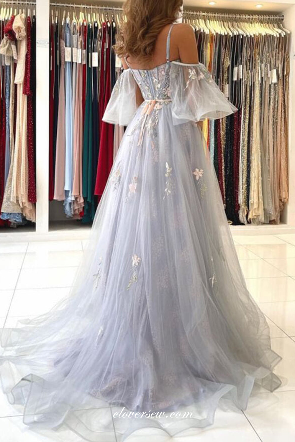 Light Grey Tulle 3D Applique Puffy Sleeves A-line Prom Dresses, CP0973