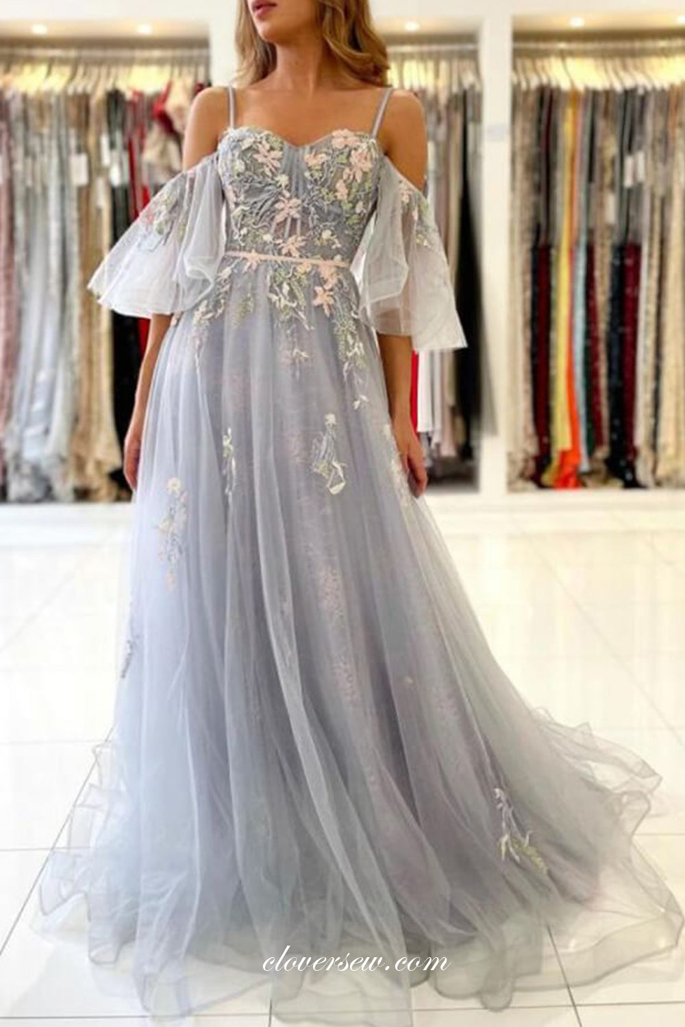 Light Grey Tulle 3D Applique Puffy Sleeves A-line Prom Dresses, CP0973