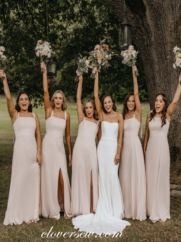 Light Pink Chiffon Sleeveless Column Side Slit Bridesmaid Dresses, CB0 clover sew Light Pink Chiffon Sleeveless Column Side Slit Bridesmaid Dresses, CB0 clover sew