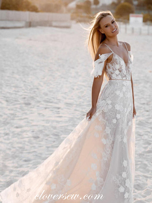 Light Pink Lace Backless Spaghetti Straps A-line Romantic Wedding Dresses, CW0340