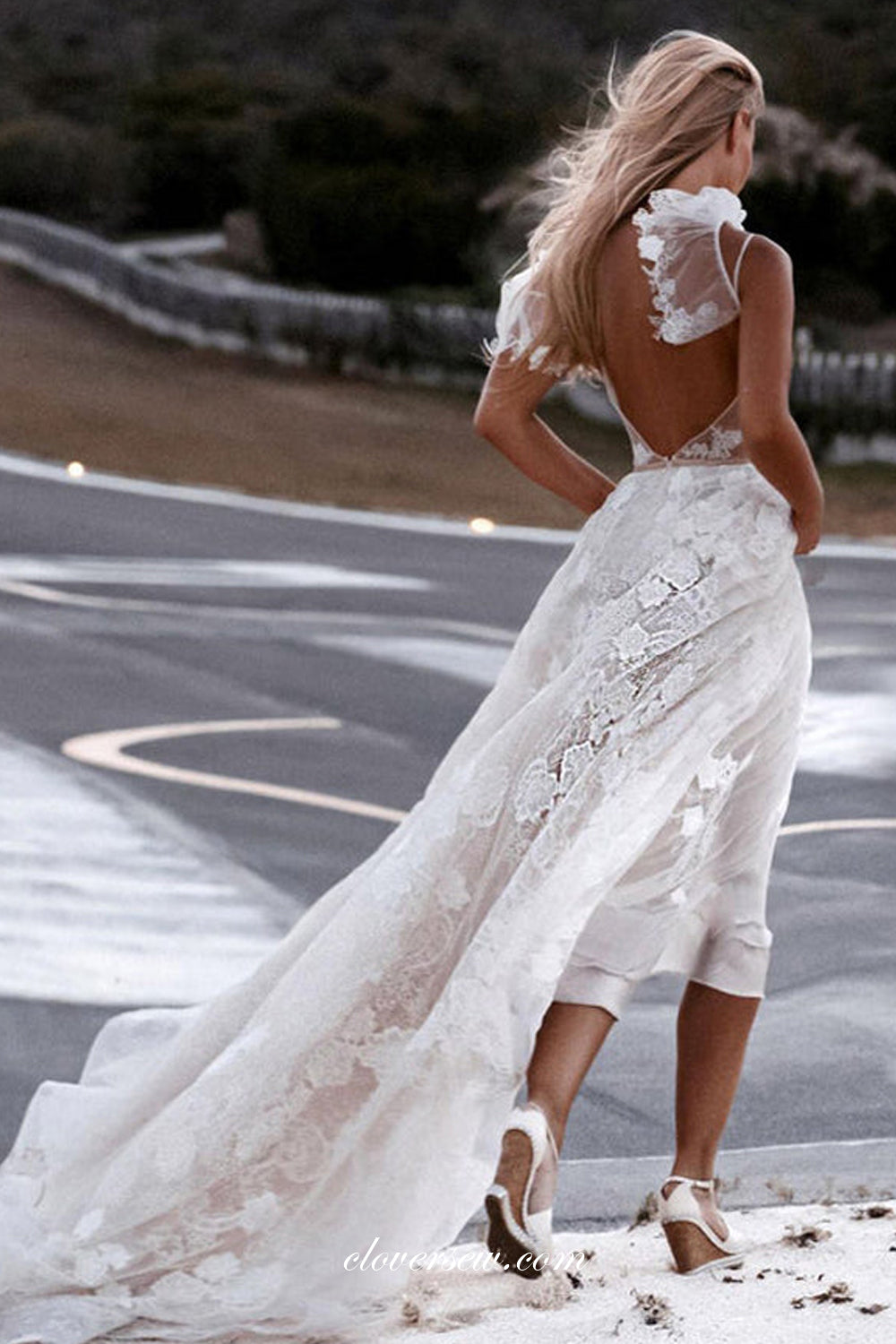 Light Pink Lace Backless Spaghetti Straps A-line Romantic Wedding Dresses, CW0340