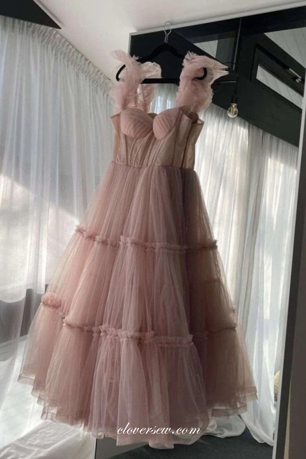 Light Pink Pleating Tulle Sweetheart Cap Sleeves Ankle Length Prom Dresses, CP1005