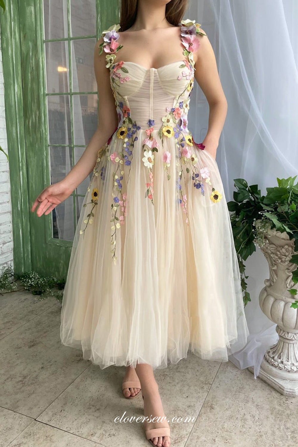 Light Yellow 3D Floral Applique Square Neck Sleeveless Short Party Dresses, CP1014