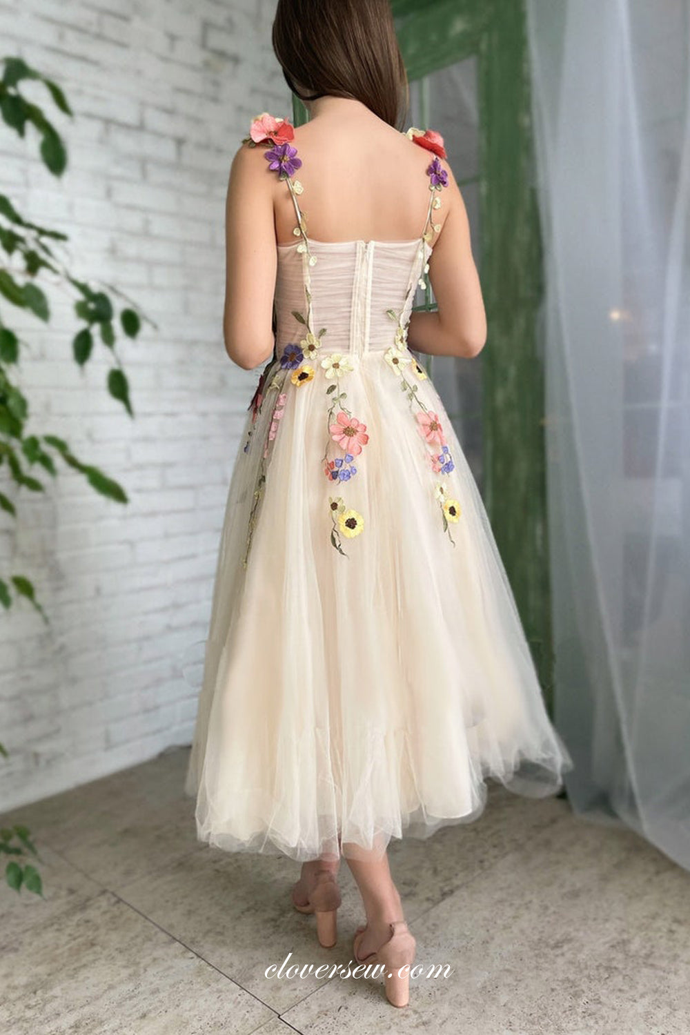 Light Yellow 3D Floral Applique Square Neck Sleeveless Short Party Dresses, CP1014