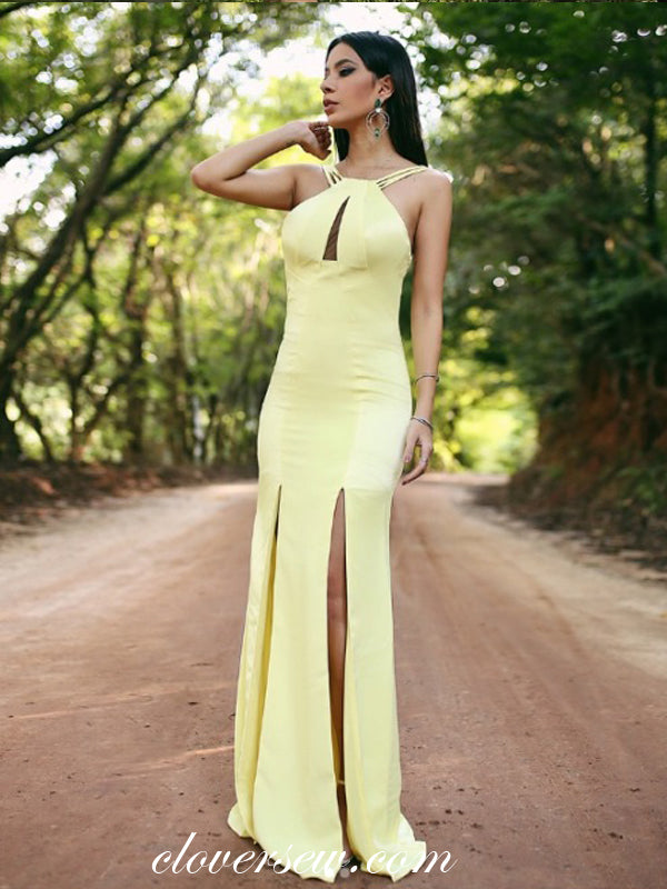 Light Yellow Spaghetti Strap Backless Sheath With Slit Party Dresses, clover sew Light Yellow Spaghetti Strap Backless Sheath With Slit Party Dresses, clover sew