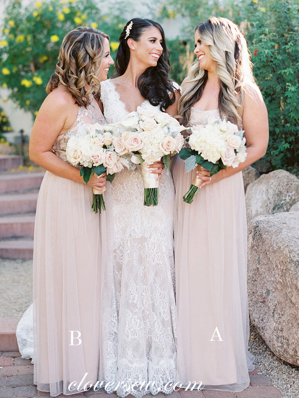 Light Blush Pink Tulle Lace Spaghetti Strap A-line Bridesmaid Dresses clover sew Light Blush Pink Tulle Lace Spaghetti Strap A-line Bridesmaid Dresses clover sew