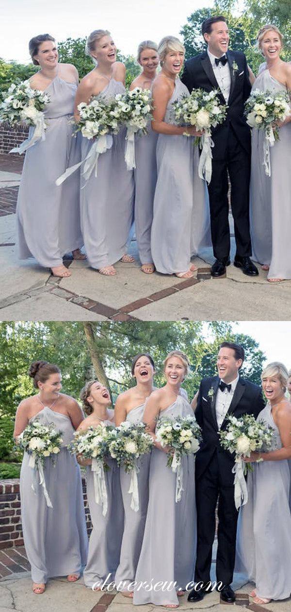 Light Dusty Blue Chiffon Halter Column Long Bridesmaid Dresses, CB0001