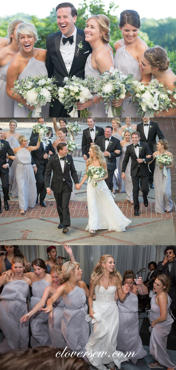 Light Dusty Blue Chiffon Halter Column Long Bridesmaid Dresses, CB0001