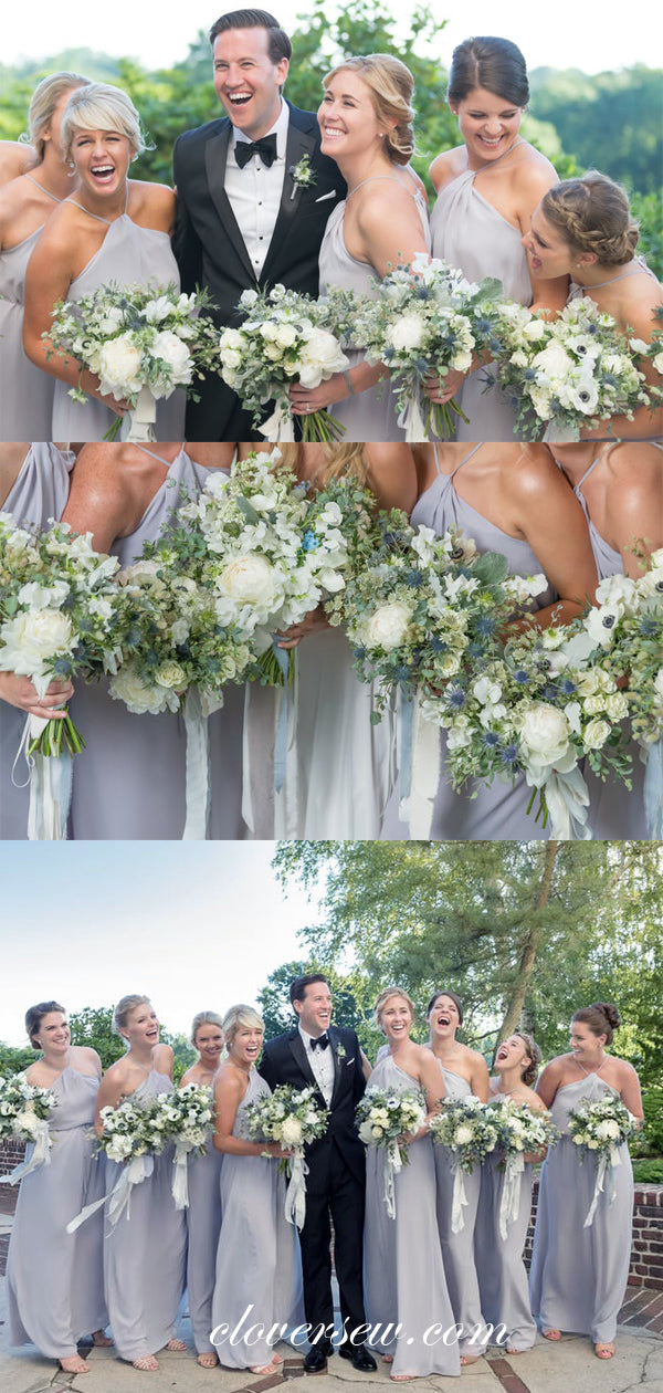 Light Dusty Blue Chiffon Halter Column Long Bridesmaid Dresses, CB0001