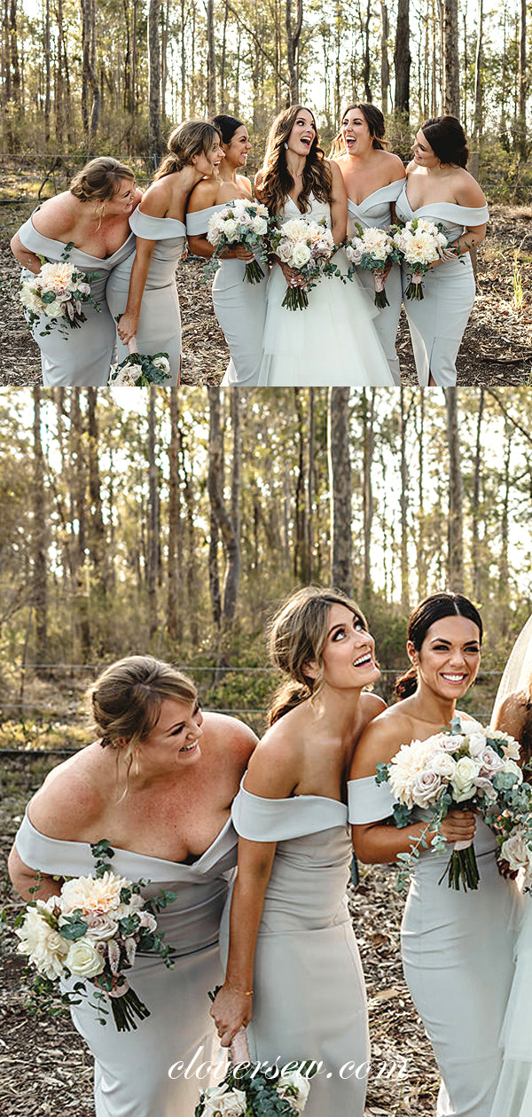 Light Grey Satin Off The Shoulder Sheath Tea Length Bridesmaid Dresses, CB0044