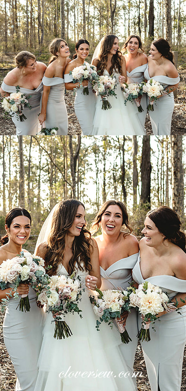 Light Grey Satin Off The Shoulder Sheath Tea Length Bridesmaid Dresses, CB0044