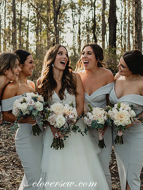 Light Grey Satin Off The Shoulder Sheath Tea Length Bridesmaid Dresses, CB0044 Light Grey Satin Off The Shoulder Sheath Tea Length Bridesmaid Dresses, CB0044