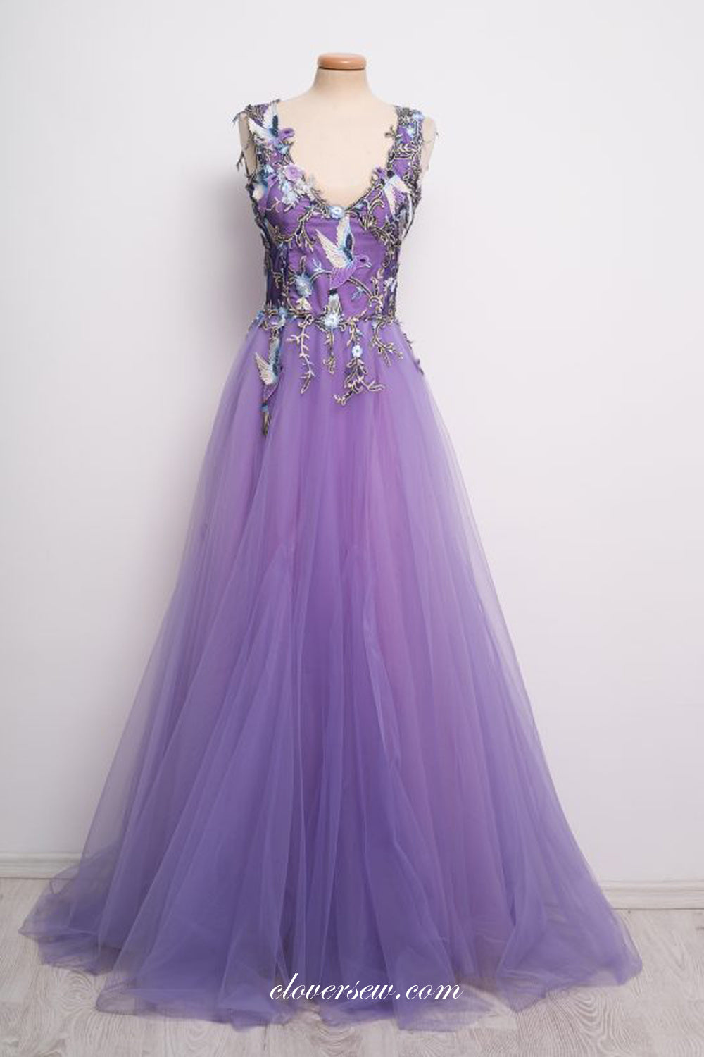 Lilac 3D Embroidery Applique Tulle A-line Fashion Prom Dresses, CP0702