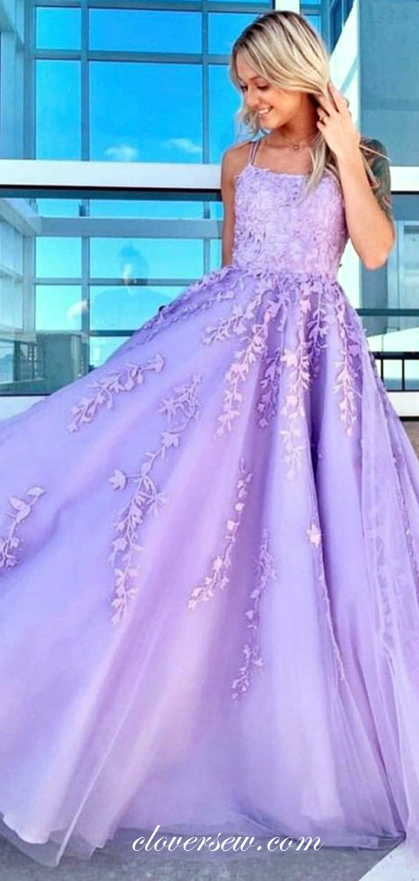 Lilac Lace Applique Spaghetti Strap Lace Up Back Prom Dresses, CP0591