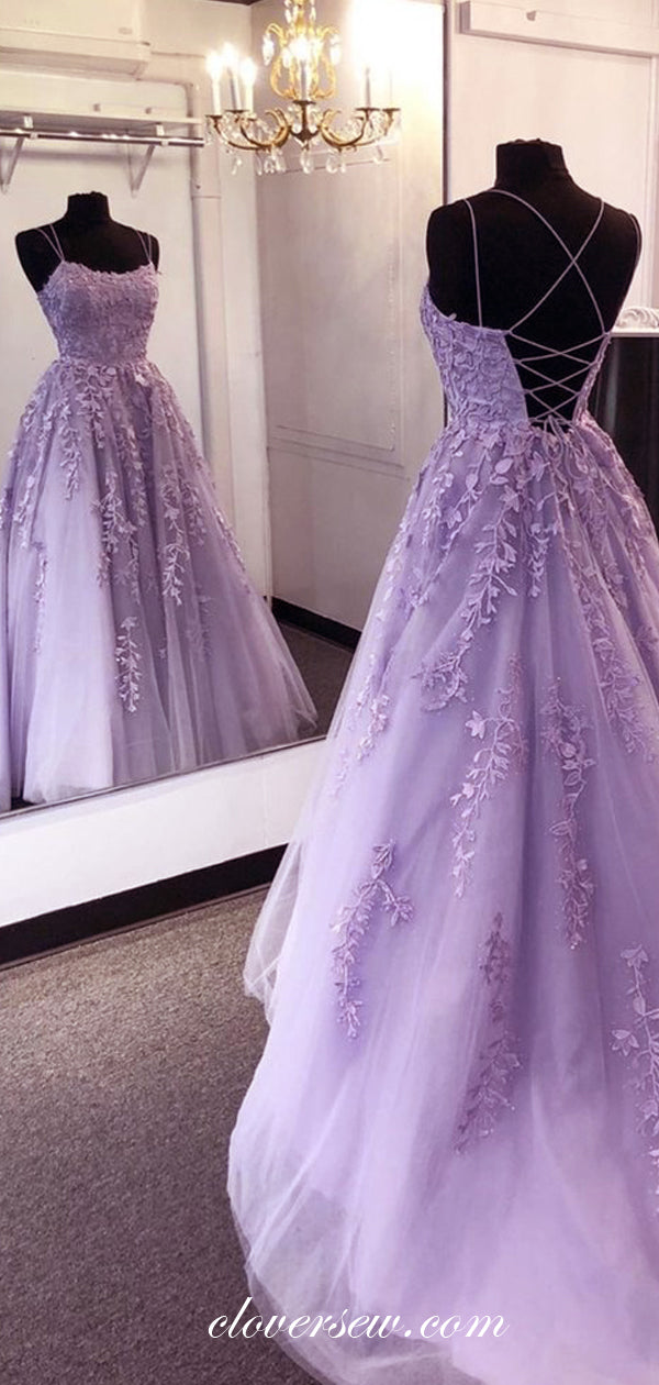 Lilac Lace Applique Spaghetti Strap Lace Up Back Prom Dresses, CP0591