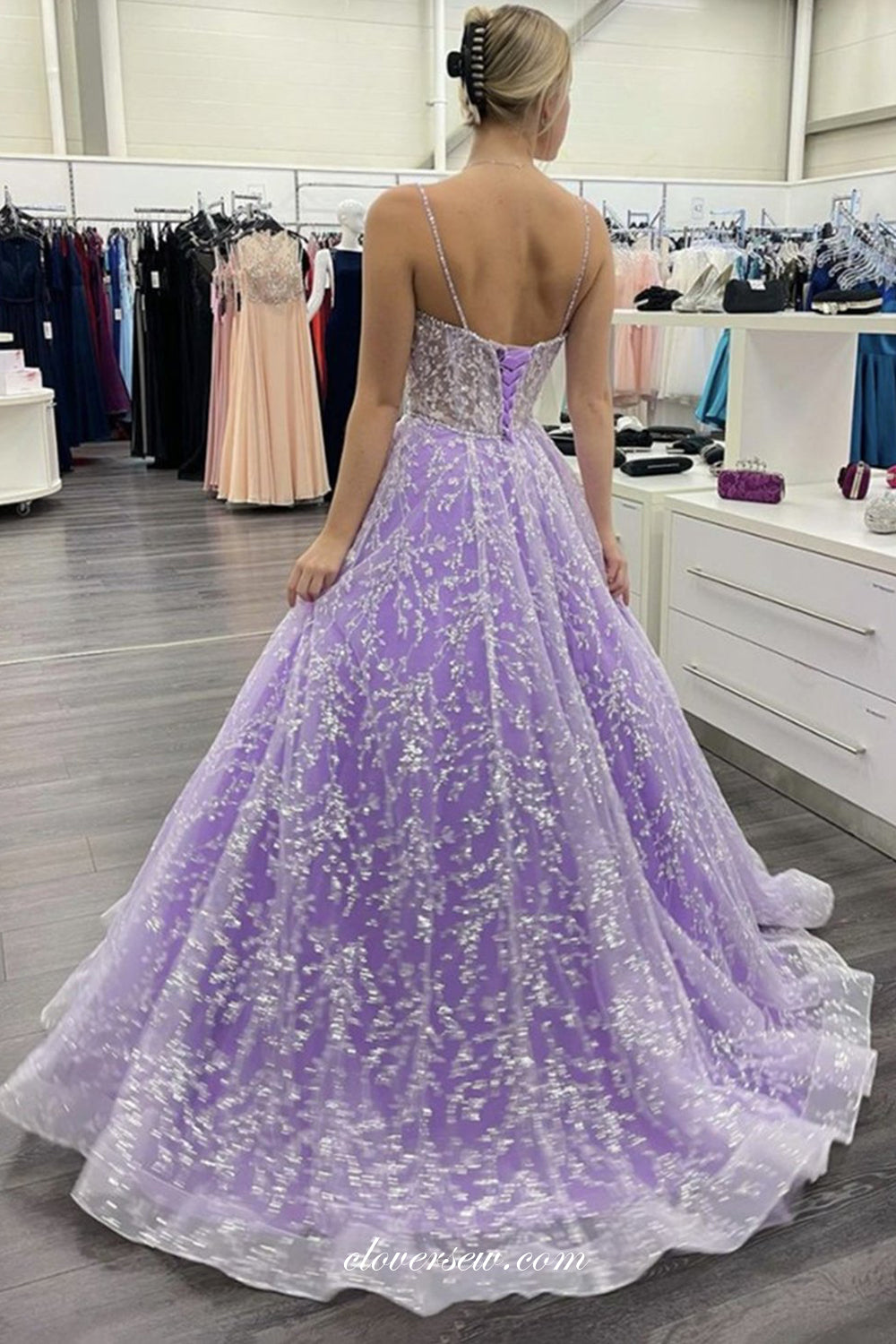 Lilac Lace Beaded Spaghetti Strap A-line Prom Dresses, CP0826