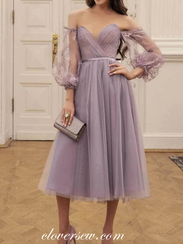 half shoulder party dress Gray Off Shoulder Half Sleeve Lace Up Homecoming Dress With Appliques, MH216