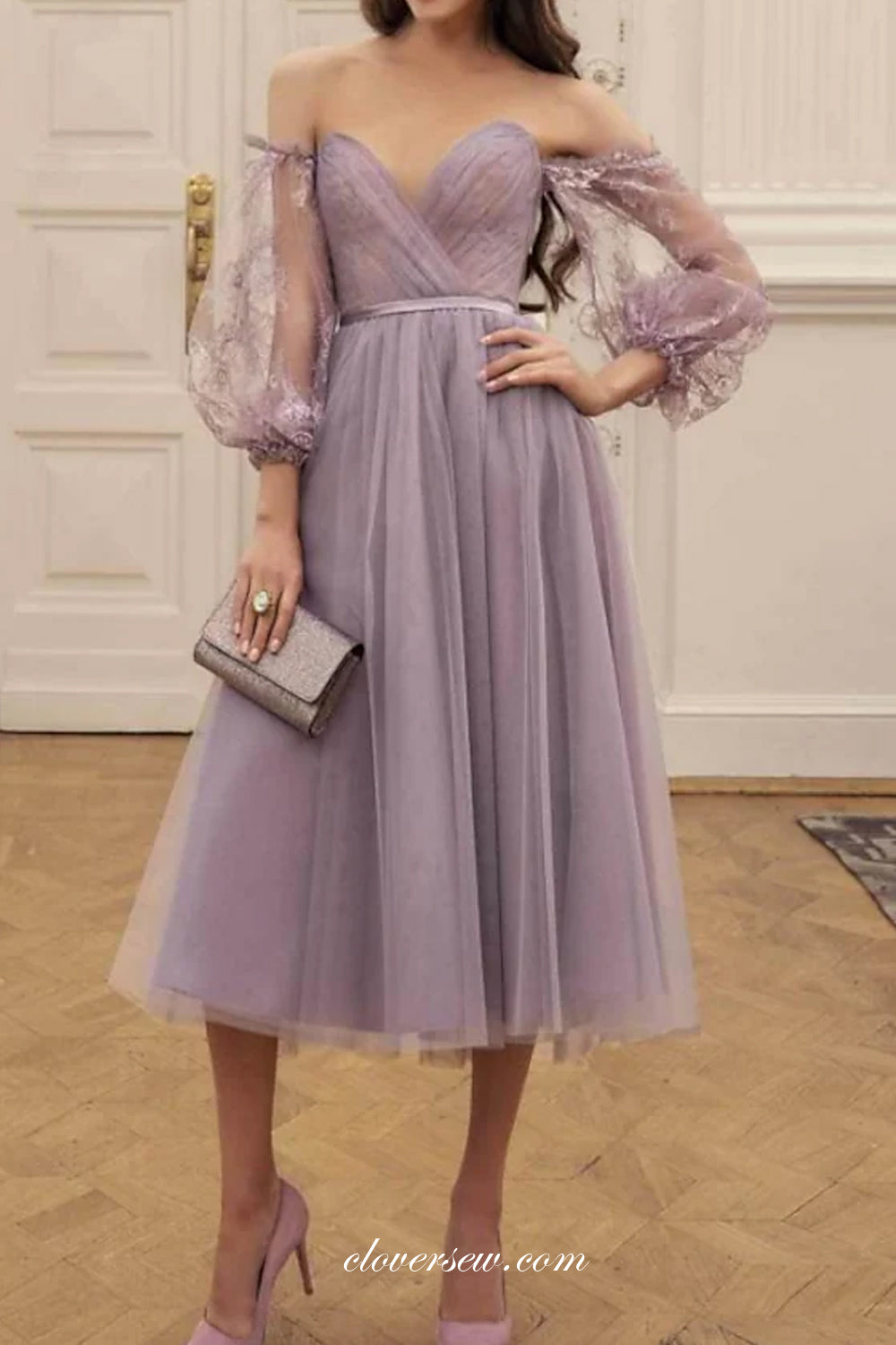 Lilac Lace Tulle Half Sleeves Off The Shoulder Party Homecoming Dresses, CH0036