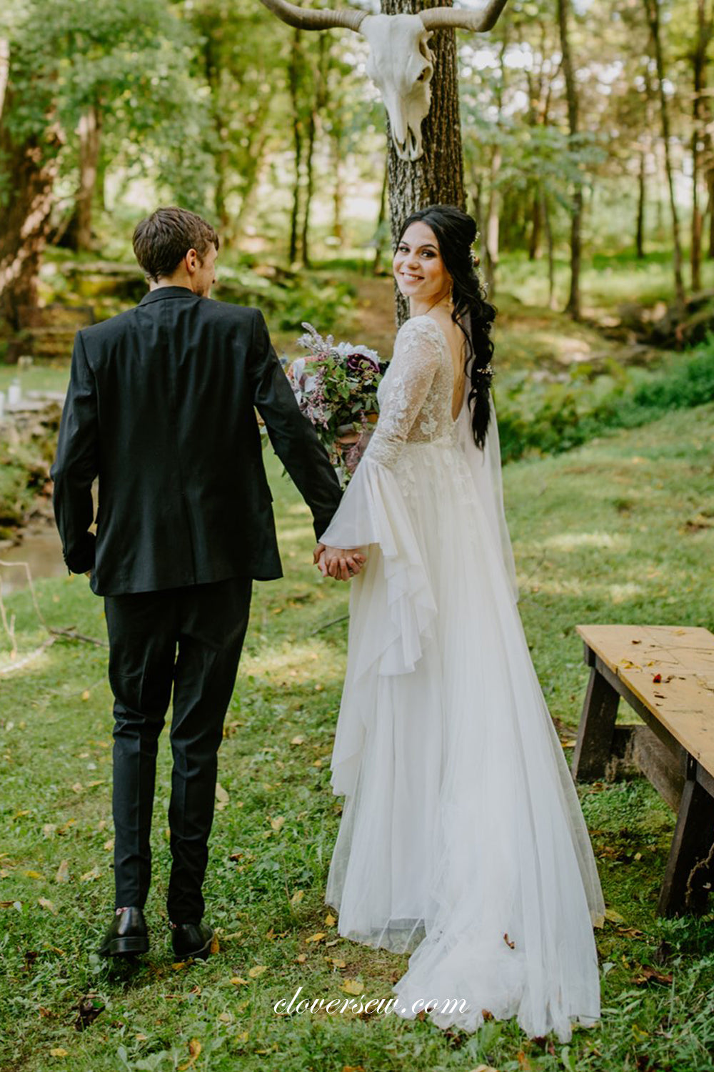 Long Charming Sleeves Lace V-neck Boho Country Wedding Dresses, CW0275