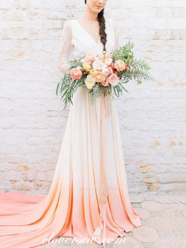 Long Sleeves Lace Gradient Chiffon Boho Wedding Dresses, CW0174 Long Sleeves Lace Gradient Chiffon Boho Wedding Dresses, CW0174