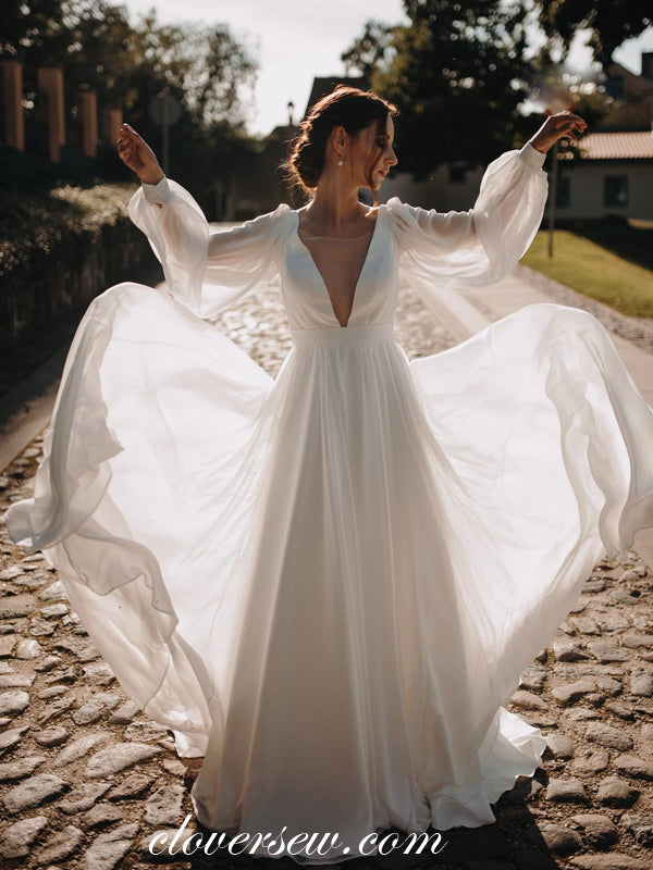 Chiffon V Back Wedding Gown Long Puffy Sleeves Beach Wedding Dress US2 / Ivory Chiffon V Back Wedding Gown Long Puffy Sleeves Beach Wedding Dress US2 / Ivory