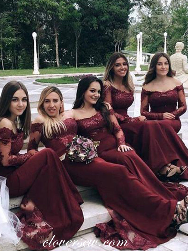 Maroon Lace Off The Shoulder Long Sleeves Sheath Bridesmaid Dresses ,C
