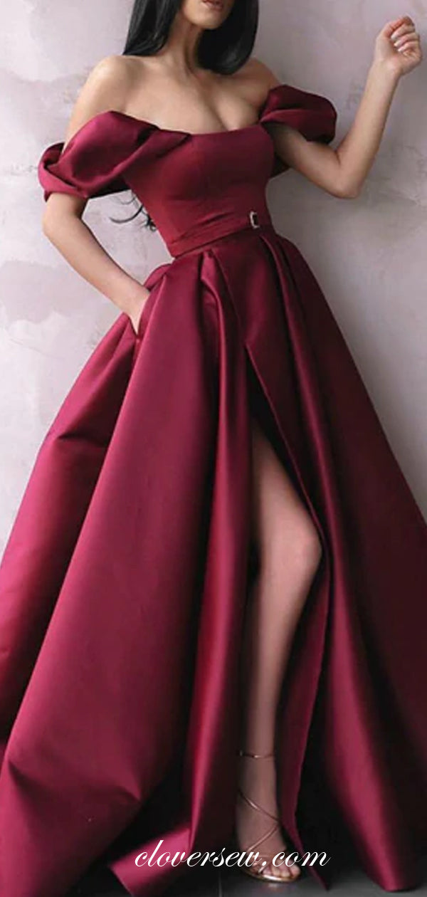 Maroon Satin Off The Shoulder Side Slit A-line Prom Dresses, CP0569