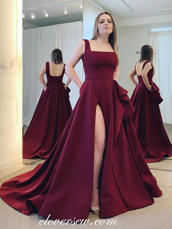 Maroon Satin Square Neckline High Slit A-line Prom Dresses, CP0678 Maroon Satin Square Neckline High Slit A-line Prom Dresses, CP0678