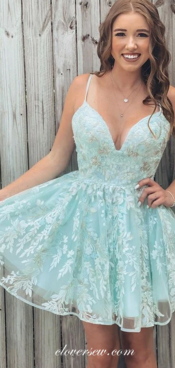 Mint Green Charming Lace Spagehtti Strap A-line Homecoming Dresses, CH0031