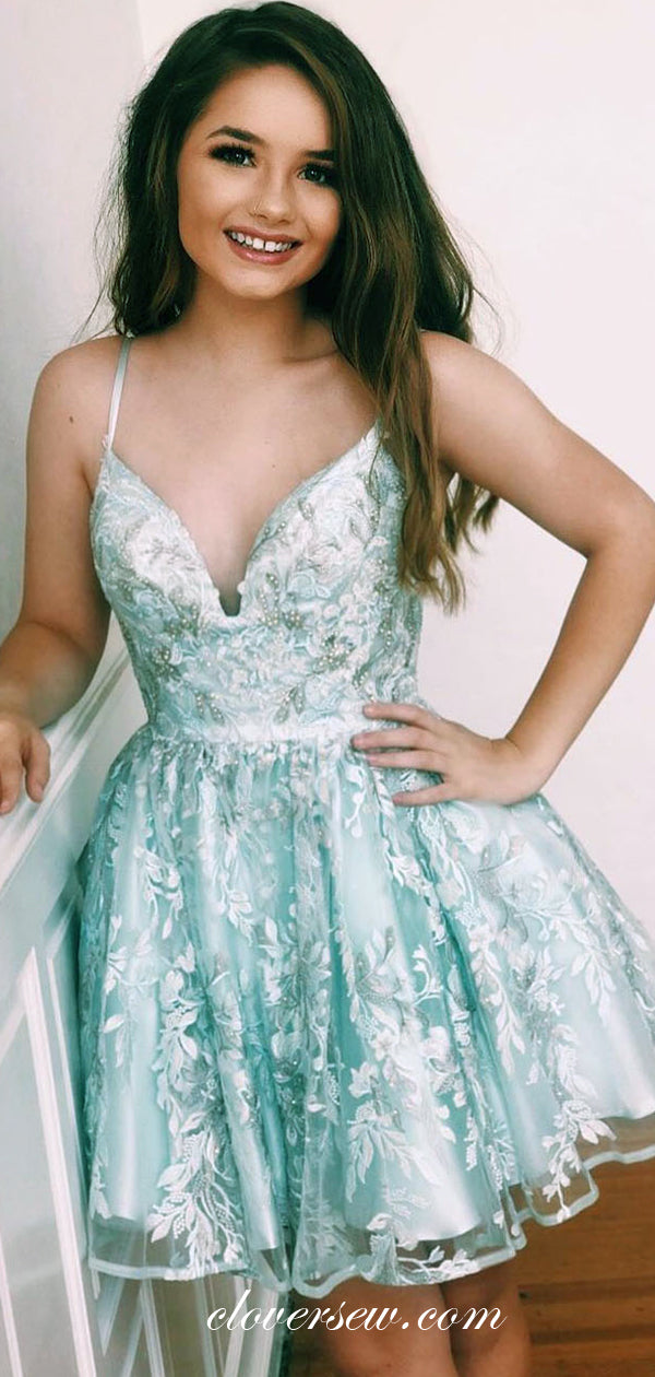 Mint Green Charming Lace Spagehtti Strap A-line Homecoming Dresses, CH0031