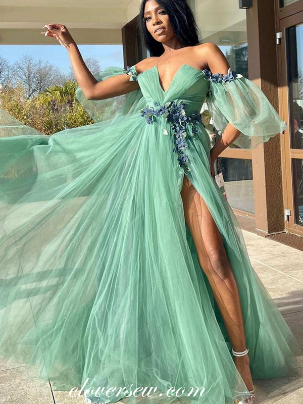 Mint Green Tulle Handmade Flowers Applique Off The Shoulder Prom Dress clover sew Mint Green Tulle Handmade Flowers Applique Off The Shoulder Prom Dress clover sew
