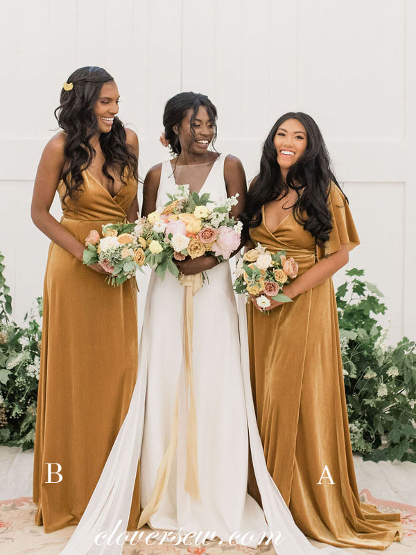 Mismatched Citrus Velvet V-neck Long Autumn Bridesmaid Dresses, CB0240 Mismatched Citrus Velvet V-neck Long Autumn Bridesmaid Dresses, CB0240