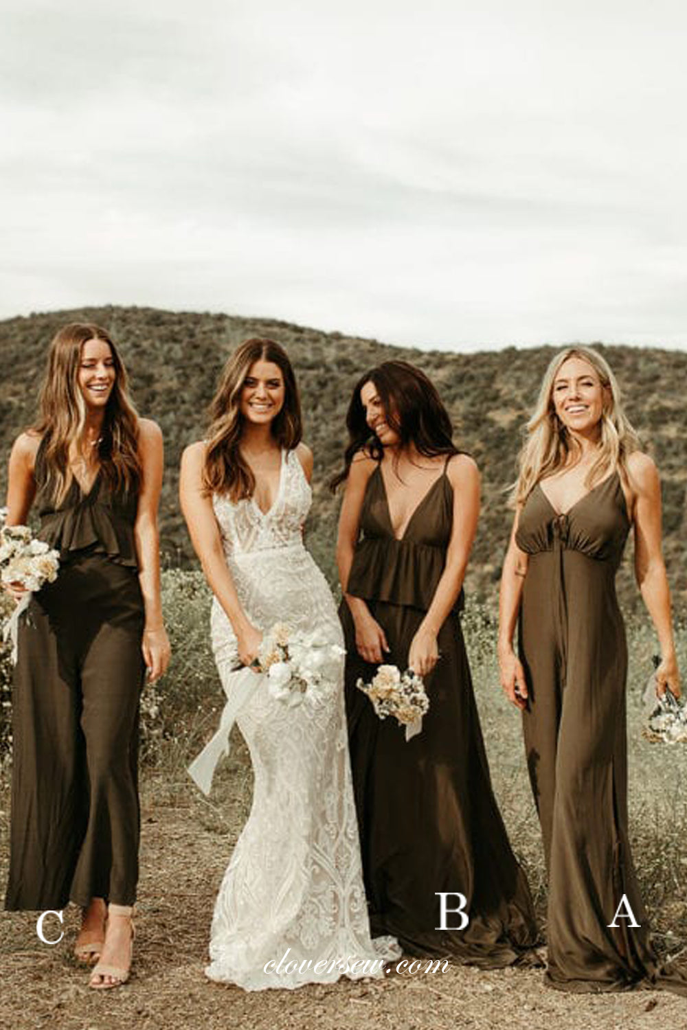 Mismatched Fashion V-neck Ruffles Waistline Long Bridesmaid Dresses, CB0234