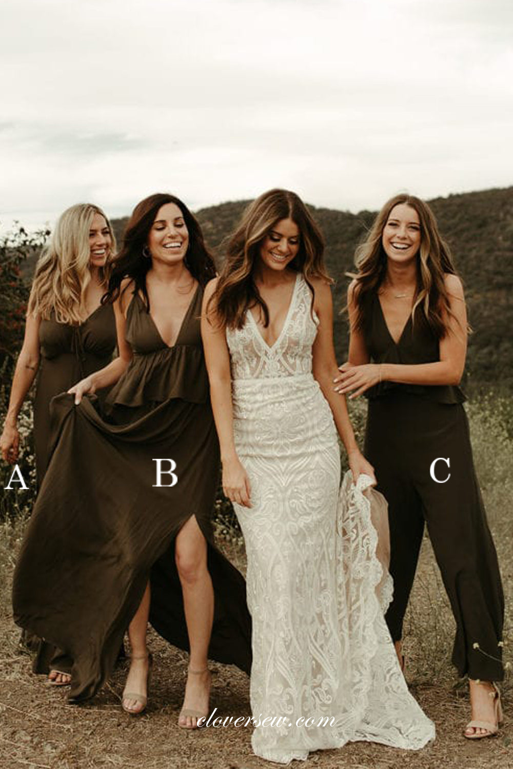 Mismatched Fashion V-neck Ruffles Waistline Long Bridesmaid Dresses, CB0234