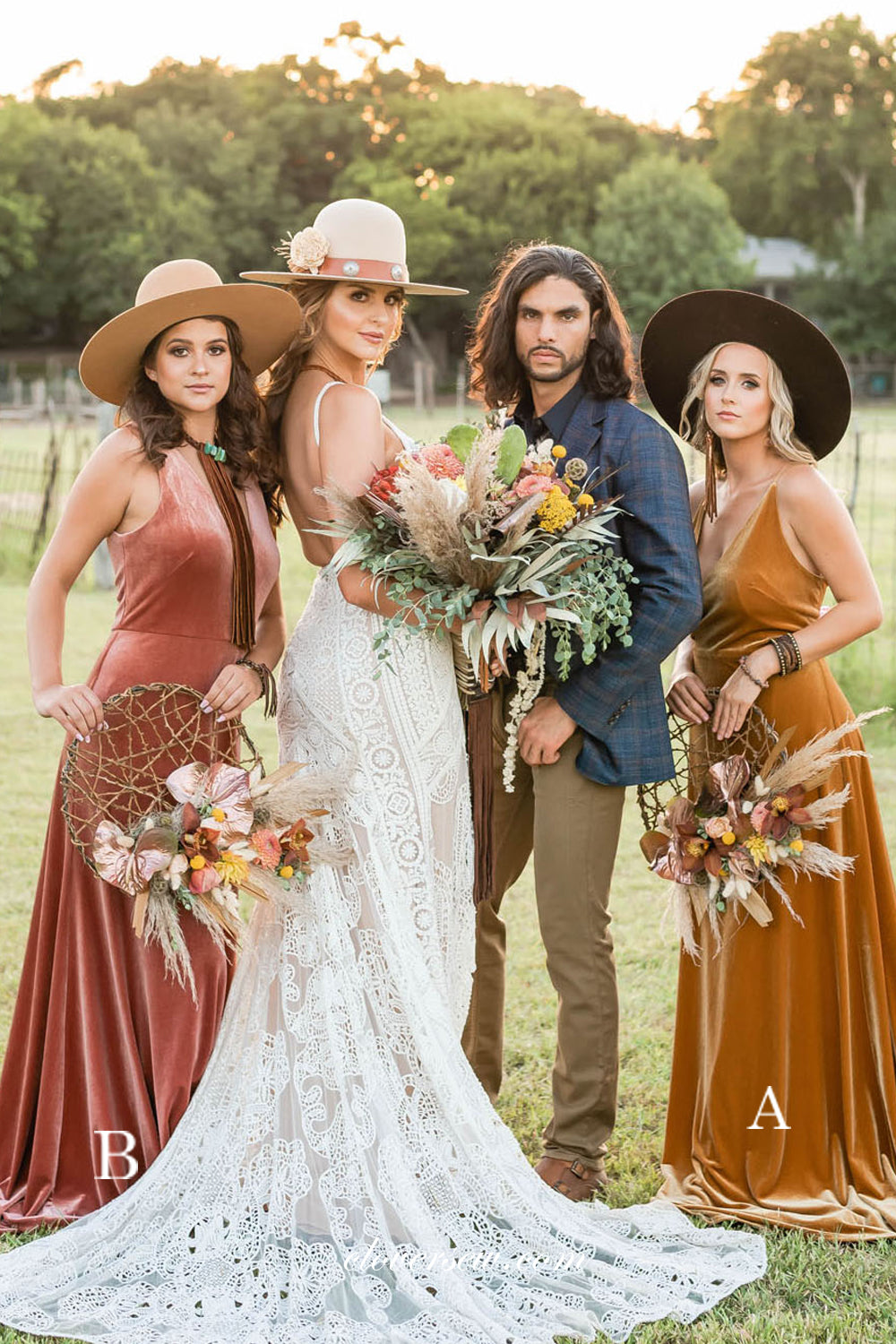 Mismatched Velvet Fashion Long Autumn Bridesmaid Dresses, CB0241