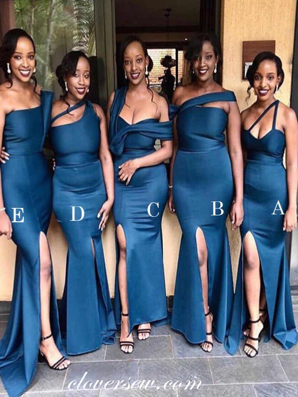 Navy Elastic Satin Mismatched Sheath Side Slit Bridesmaid Dresses, CB0 clover sew Navy Elastic Satin Mismatched Sheath Side Slit Bridesmaid Dresses, CB0 clover sew