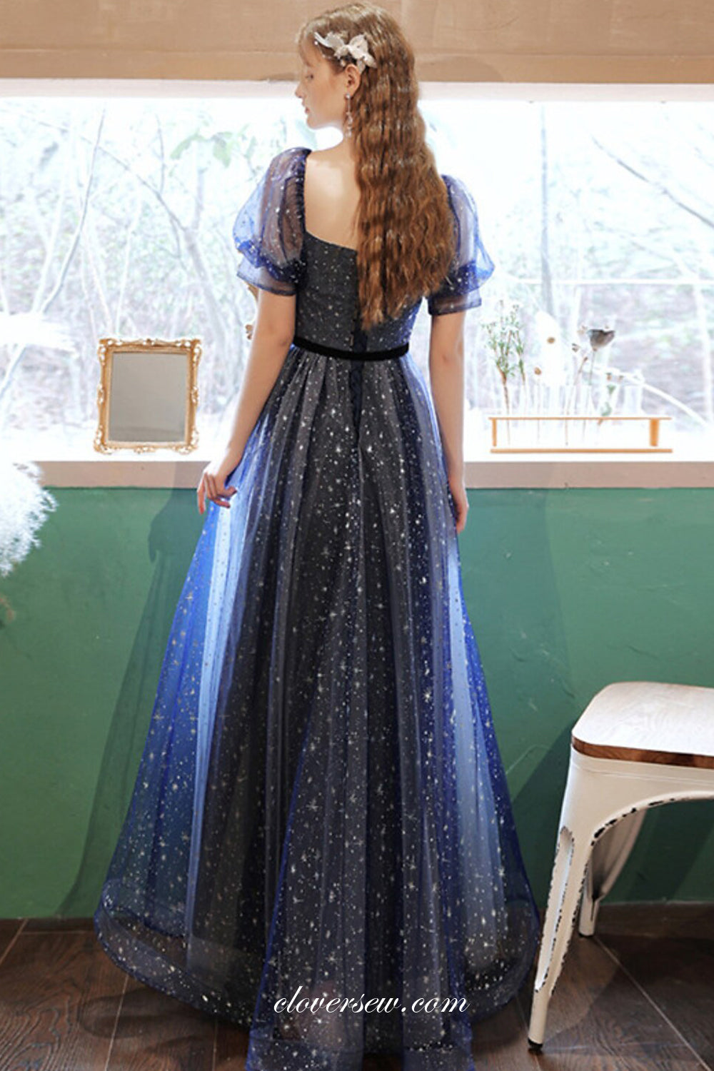 Navy Glitter Tulle Short Sleeves A-line Charming From Dresses, CP0805