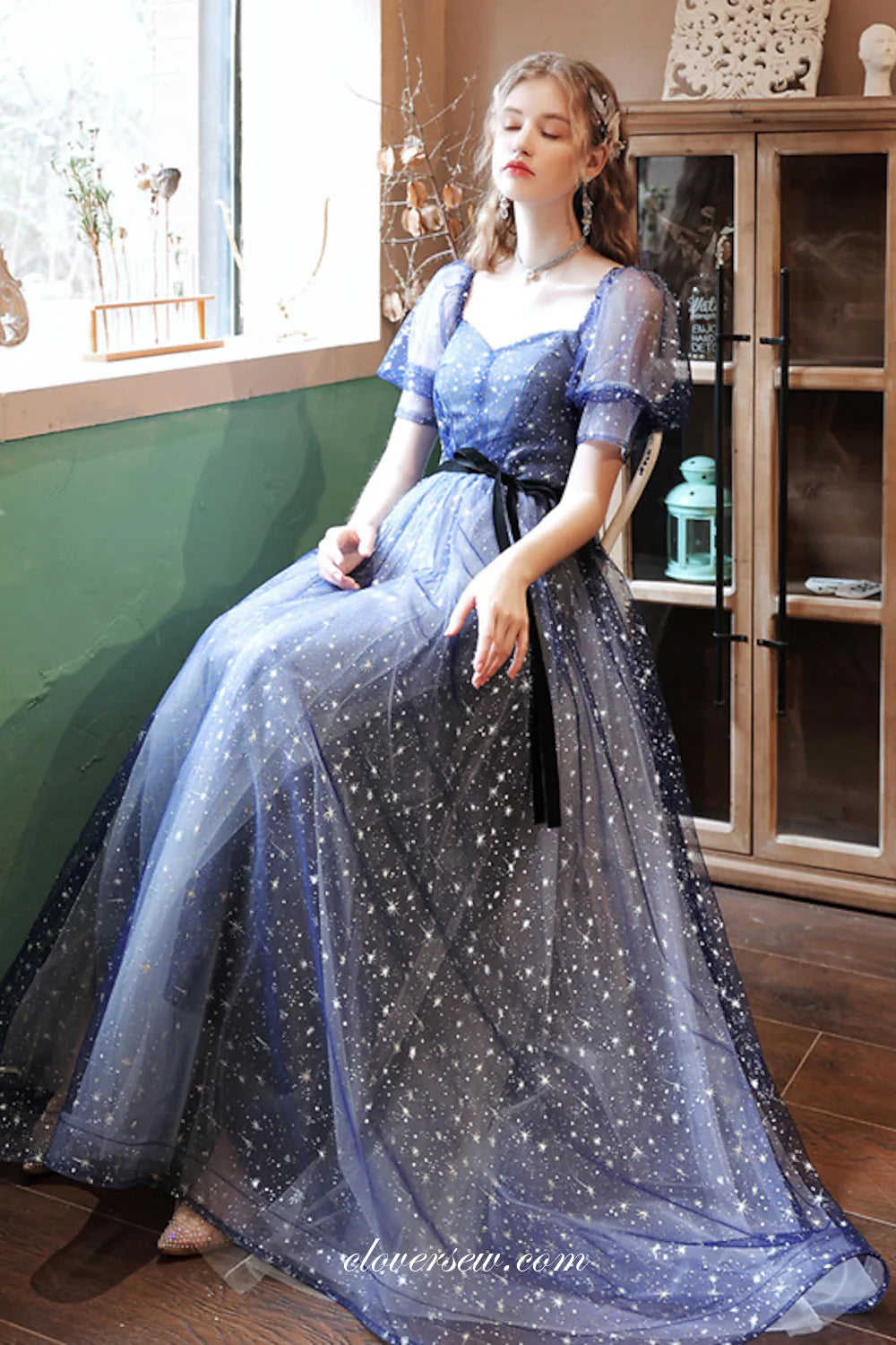 Navy Glitter Tulle Short Sleeves A-line Charming From Dresses, CP0805