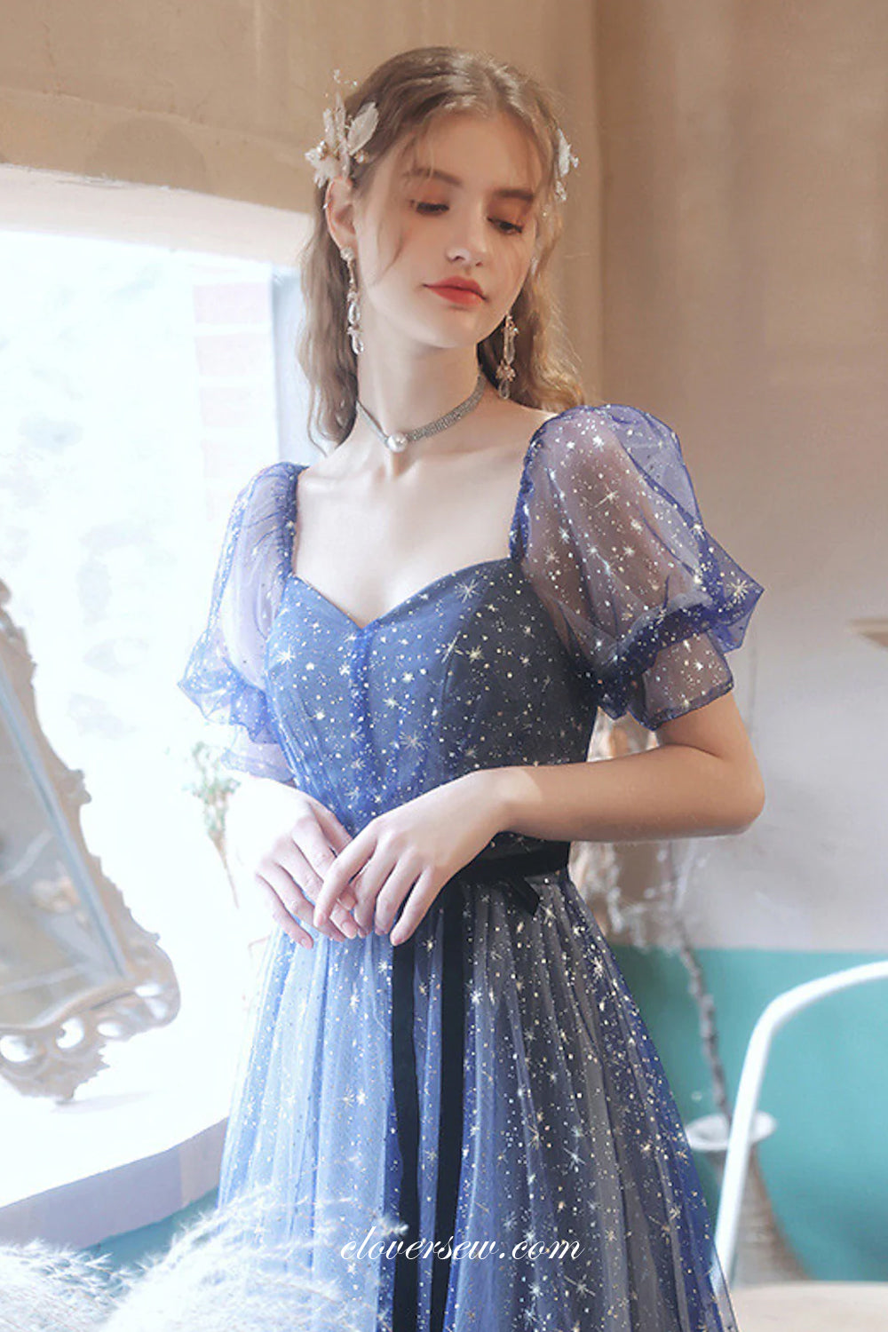 Navy Glitter Tulle Short Sleeves A-line Charming From Dresses, CP0805